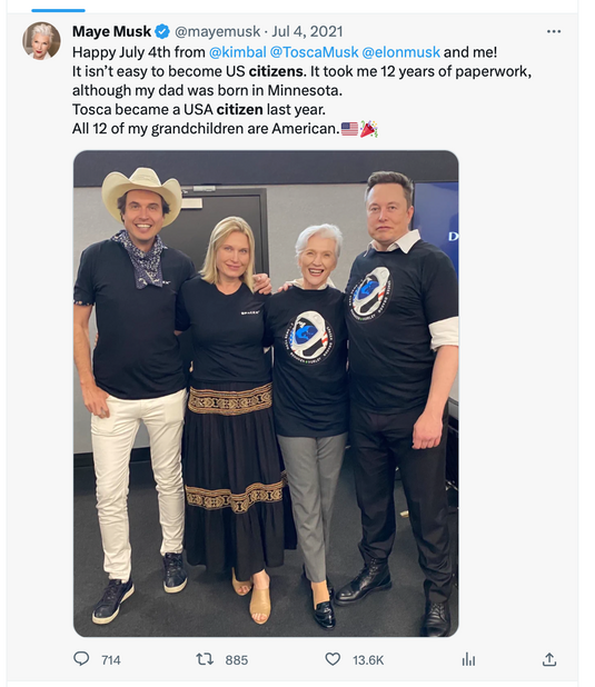 Maye Musk's Tweet about Citizenship - Copyright: From Twitter